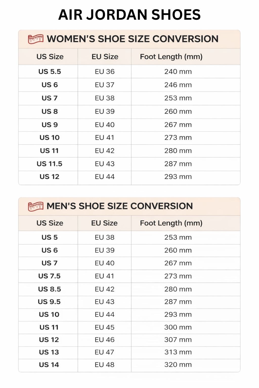 Air Jordan High Low Top Shoes Size Chart - Demon Slayer AU Store