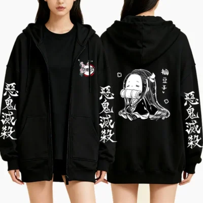 Demon Slayer Black White Graphic Zipper Hoodie