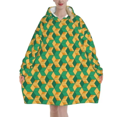 Tanjiro Haori Checker Green Yellow Squares Pattern Snug Hoodie